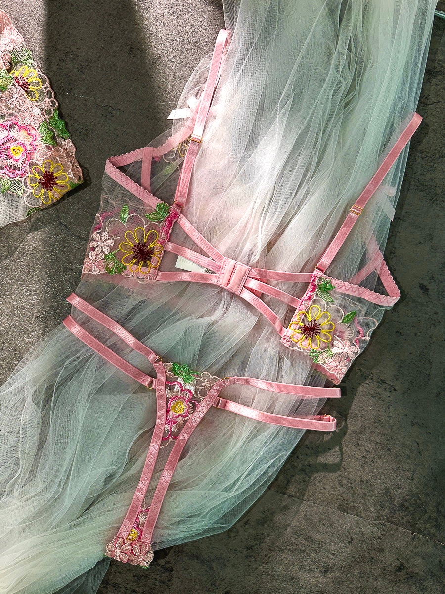 Pink Floral Embroidered Lingerie Set With Bra And Panty Hello.LA.Girl